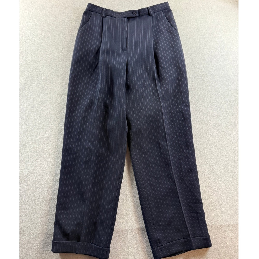 Evan-Picone Trousers Womens 12 Navy Pinstripe Pleated Cuffed 32x28